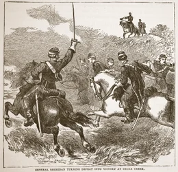 O general Sheridan transformando a derrota em vitória em Cedar Creek, de um pub de livros. 1896