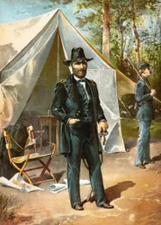 General Ulysees S Grant que está na frente de sua barraca durante a guerra civil americana, bar. 1892