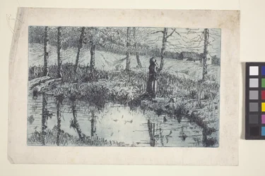 Girl By Pond (gravura e tom de prato impresso em azul)