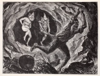 Gnomos aterrorizam um mineiro, de The World Guide to Gnomes, Fairies, Elves and Other Little People, de Thomas Keightley (1789-1872), publicado em 1880