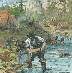 Lavagem de ouro na Califórnia, de um pub de livro. 1896 (gravura colorida à mão)