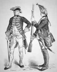 Soldados hessianos de 1770, nos seus uniformes da Guerra da Independência dos Estados Unidos