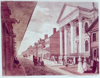 Rua principal com a primeira igreja presbiteriana, Filadélfia, 1799