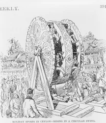 Desportos de Férias no Ceilão, andar numa roda circular, c.1893 (ilustração)