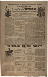 Cartaz ilustrado de recrutamento de Filadélfia para o Primeiro Corpo de Exército de Veteranos do major-general Hancock, incluindo um homem e uma mulher da União, fevereiro de 1865