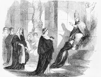 Ilustração de um panfleto anti-católico mostrando um padre beijando as vestes do Papa