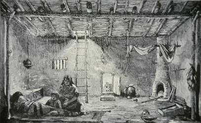 Interior de uma casa pueblo, c.1880 (gravura)