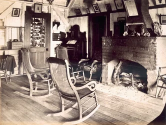 Interior, de, um, americano, madeira, cabana, c.1880s