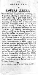 Página de Introdução às Aventuras de Louisa Baker, impresso por Luther Wales, Nova York, 1815