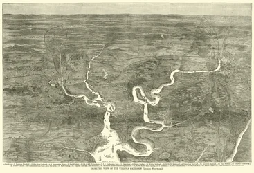 Vista isométrica da campanha da Virgínia, olhando para o oeste, junho de 1864