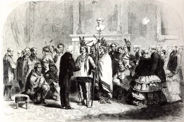 James Buchanan, Presidente dos Estados Unidos, induzindo as tribos hostis dos Pawnees e as Poncas a apertar as mãos, 1858