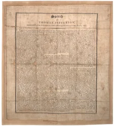 Jeffersons primeiro discurso inaugural, impresso por Pechin, Baltimore, 4 de março de 1801 (lito em seda)