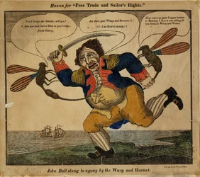 John Bull picou em agonia pelo Wasp e Hornet, 1813 (corte de relevo colorido à mão)