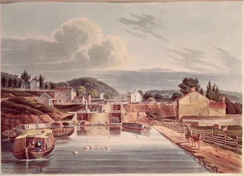 Junção de Erie e Canal do Norte, gravada por J. Hill, c.1830-32