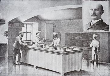 Cozinha da Casa Branca na década de 1890, com retrato inserido de Hugo Ziemann