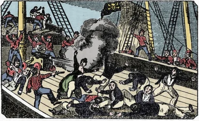 La mort du pirate gentilhomme Jean Lafitte (1780-1826), gravura de "The pirate own book" 1837.