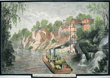 Carregamento do barco a vapor com fardos de algodão de uma plantação, c.1860 (gravação colorida)