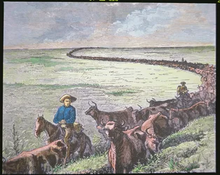 O gado Longhorn conduz do Texas até Abilene, Kansas, c.1870s (cor litho)