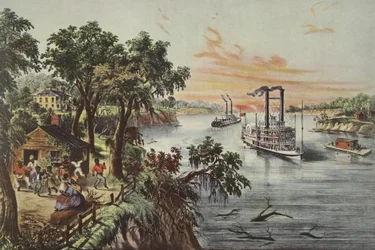Água baixa no Mississippi, pub. 1868, Currier & Ives (cor litho)