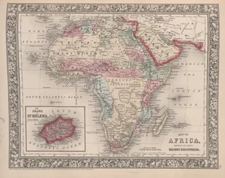 Mapa da África mostrando suas descobertas mais recentes com a Ilha de Santa Helena inserida do novo atlas geral de Mitchells, 1863 (gravura colorida)