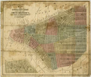 Mapa da cidade de Nova York: preparado expressamente para Smith Brother S, um armazém de roupas de preço ... preparado por JH Colton & Co., 1854-1869 (tinta preta e colorida sobre papel)