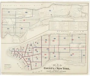 Mapa do condado de Nova Iorque, mostrando os bairros e as circunscrições policiais e a localização das esquadras, 1870