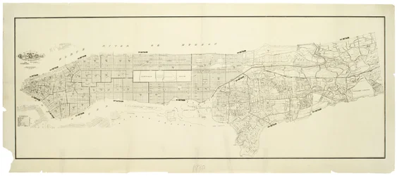Mapa da cidade de Nova York, feito sob a direção dos Comissários do Corpo de Bombeiros Metropolitano, mostrando a localização dos edifícios de posse e uso do Corpo de Bombeiros Metropolitano e do Departamento de Polícia Metropolitana