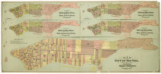 Mapa da cidade de Nova Iorque, mostrando as suas divisões e subdivisões políticas