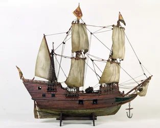 Modelo da Meia Lua, Henry Hudsons Ship, 1825-1900 (madeira, lona, metal, tinta, corda)