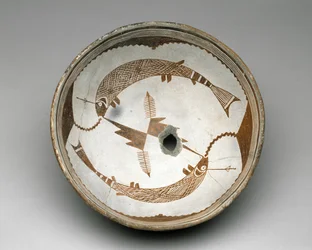 Tigela de Mogollon com dois peixes em forma de gancho, estilo II, 1025-1150 (louça de barro com pintura de deslizamento bichrome)