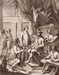 Montezuma entregando o seu império ao rei de Espanha, dando-lhe uma homenagem e prometendo a sua obediência, de Antonio de Solis y Rivadeneira Solis História da conquista do México, gravada por Ximeno