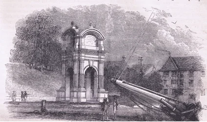 Monumento em New Plymouth para marcar o local do desembarque dos Pais Peregrinos, ilustração de Cassell