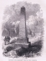 Monumento sobre o túmulo de Bradford em New Plymouth 1641, ilustração de Cassell