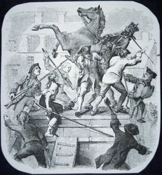 Rebeldes de Nova Iorque derrubam a estátua do odiado George III da Inglaterra (litho)