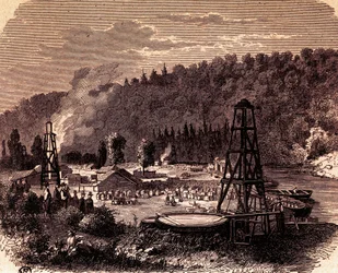 Campos de petróleo em Titusville, na Pensilvânia, com o primeiro poço Derrick inventado por Edwin Laurentine Drake em 1859, gravura, EUA