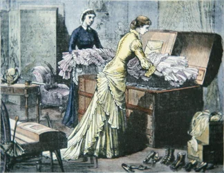 Embalagem Saratoga Trunk para viagem de trem para Saratoga Springs, Nova York, c.1880 (gravura colorida)