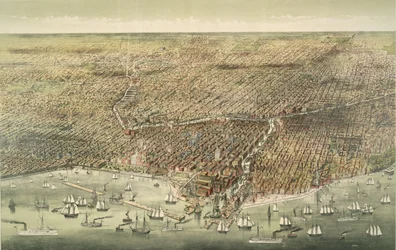 Vista panorâmica da cidade de Chicago, pub. 1892 (litografia a cores)