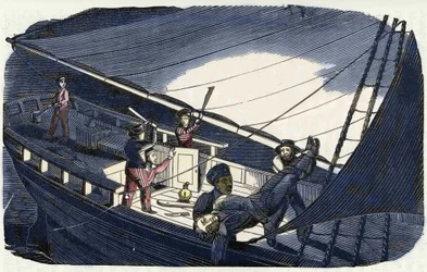 O pirata Charles Gibbs (início do século XIX) mata o capitão Thornby e atira-o ao mar. Gravura de "The pirate own book", 1837.