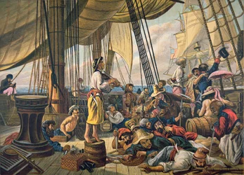 Piratas que tentam enganar um navio da Marinha dos EUA fazendo-se passar por um navio mercante inocente (cor litho)