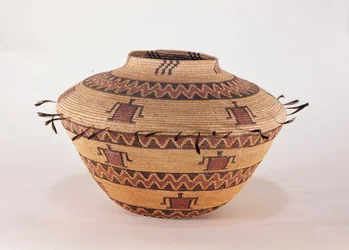 Cesta de armazenamento aparada com pena de Pomo, da Califórnia (fibra tecida)