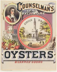 Cartaz publicitário Counselmans Lord Baltimore Circle Ostras e produtos enlatados