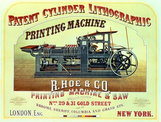 Cartaz publicitário para máquina de impressão litográfica cilíndrica patenteada, R. Hoe & Co., Londres e Nova Iorque