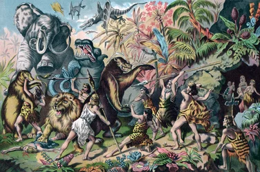 Homem Pré-histórico Batalhando Animais Ferozes