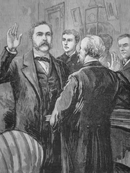 O Presidente Chester A. Arthur faz o juramento de posse após a morte de James Garfield em 20 de Setembro de 1881 (litho)