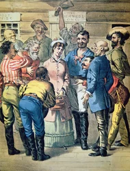 Prospectadores reúnem-se à volta de uma mulher num acampamento dourado (cor litho)