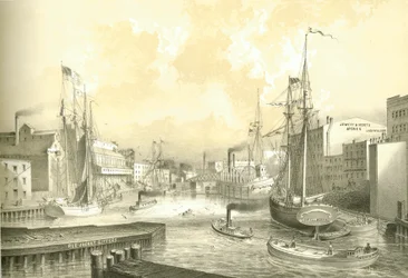 Rush Street Bridge, Vista da State Street, da Chicago Illustrated, com descrições literárias de James W. Sheahan, publicadas por Jevne & Almini, Chicago, 1866-67.