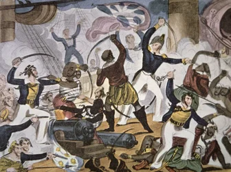 Marinheiros da Marinha Real a bordo do navio pirata Algerine, c.1820 (cor litho)