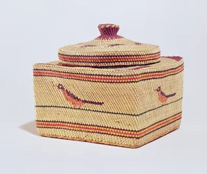 Cesta Salish representando pássaros, da costa noroeste (fibra tecida)
