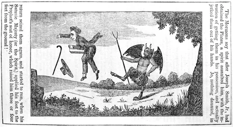 Satanás chutando Joseph Smith (1805-44) das costas do Almanaque Anti-Mórmon para 1842