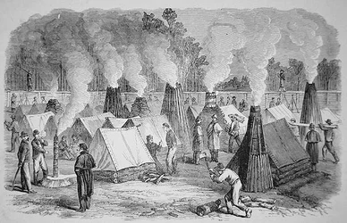 Cena na vida do acampamento - arquitetura da chaminé - os soldados federais em seus fogos de acampamento (gravura)